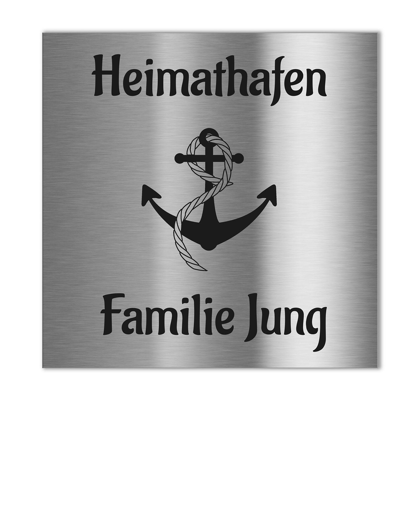 Quadratisches V2A Edelstahlschild mit Gravur Heimathafen und Anker-Motiv, personalisierbar mit Familiennamen, witterungsbeständig und rostfrei – ideal für Haustür oder Briefkasten
